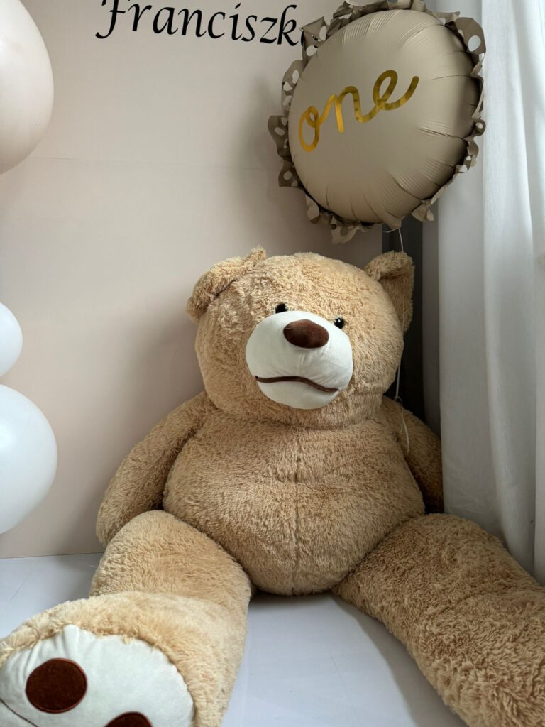 scianka do zdjec na roczek z duzym misiem pluszowym